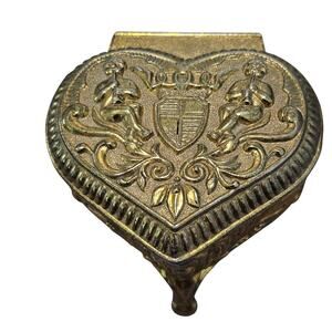 Vintage Gold Metal Heart Trinket Jewelry Box Cherub Velvet Japan Renaissance